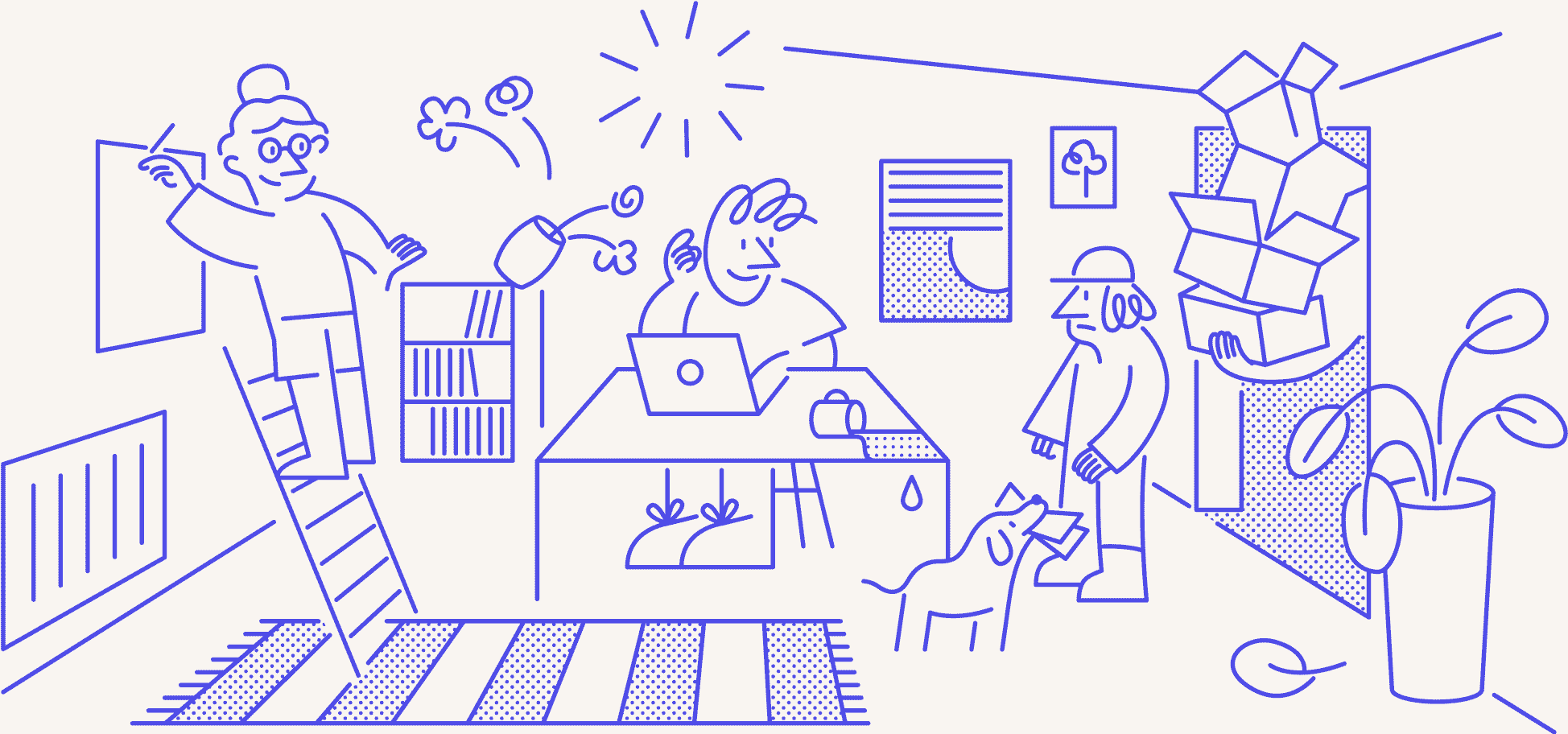 Line illustration of a busy home office scene: a person works at a laptop, a dog interacts with a visitor holding paper, a person on a ladder hangs artwork, another carries stacked boxes through the doorway. Houseplants and scattered objects decorate the room.